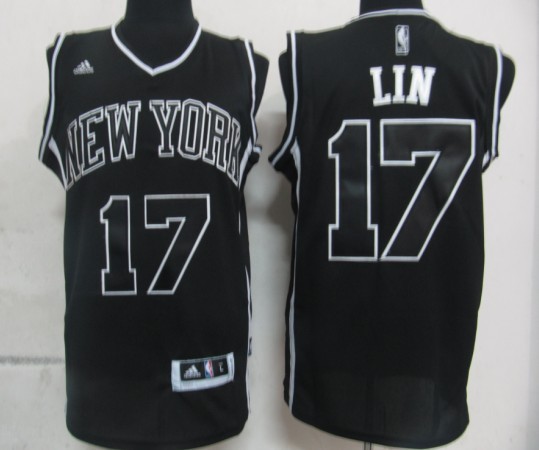 New York Knicks #17 Jeremy Lin Black With White Shadow Authentic Jerseys