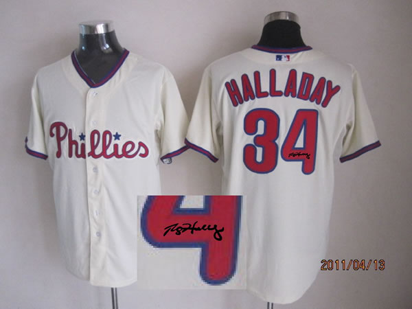 Philadelphia Phillies #34 Roy Halladay Cream Signature Edition Jerseys