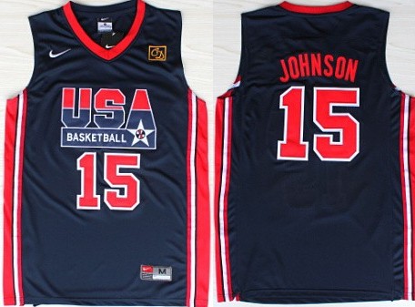Team USA Basketball #15 Magic Johnson Navy Blue Throwback Jerseys