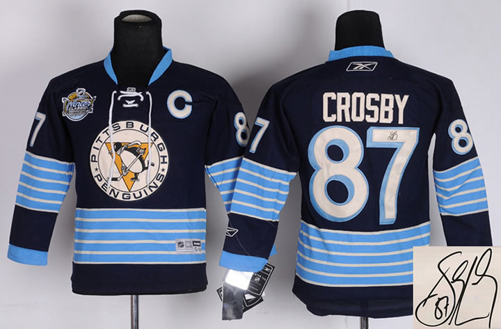 Youth Pittsburgh Penguins #87 Crosby Navy Blue Signature Edition Jerseys