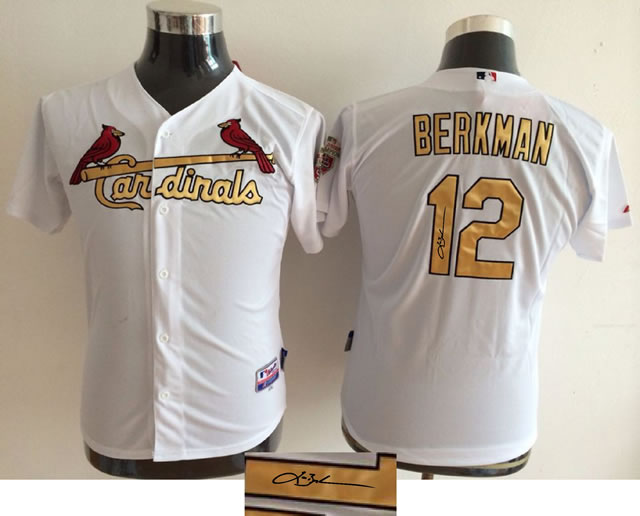 Youth St. Louis Cardinals #12 Lance Berkman White With Gold Signature Edition Jerseys