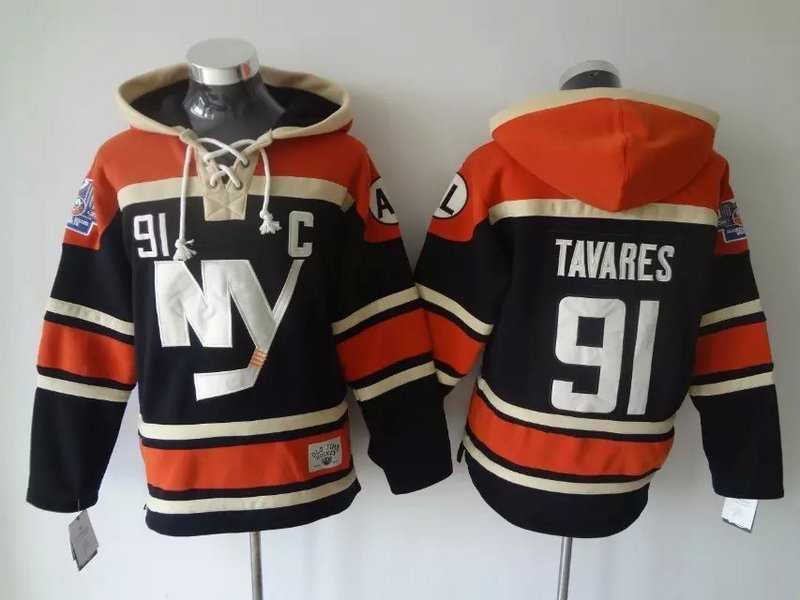 New York Islanders #91 John Tavares Black-Orange Stitched Hoodie