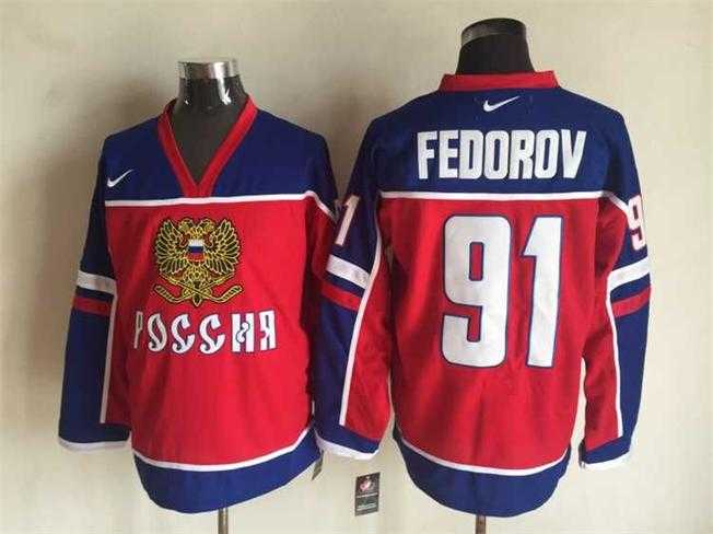 Russian #91 Sergei Fedorov Red-Blue Hockey Jerseys