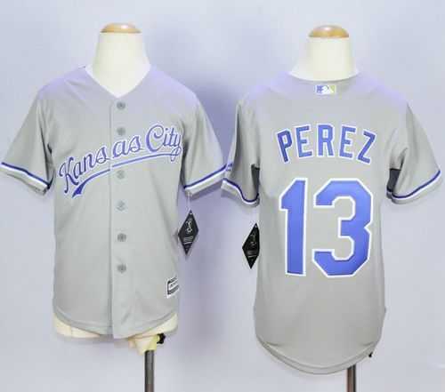 Youth Kansas City Royals #13 Salvador Perez Gray Cool Base Stitched MLB Jerseys