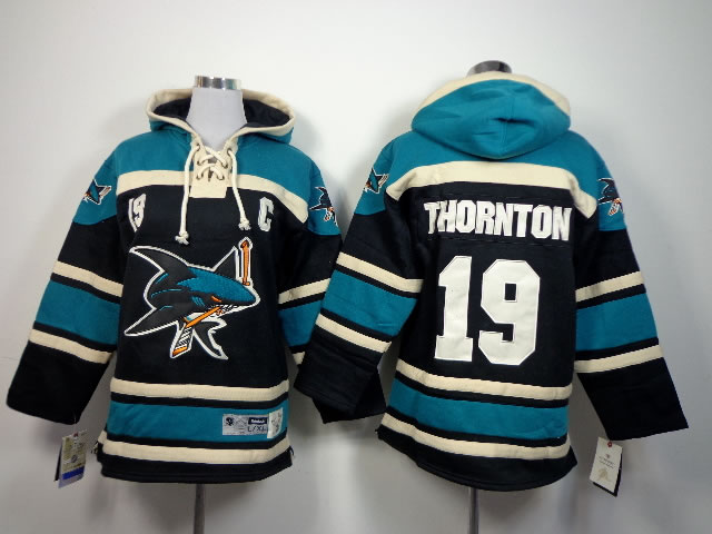 Youth San Jose Sharks #19 Thornton Black With Blue Hoodie