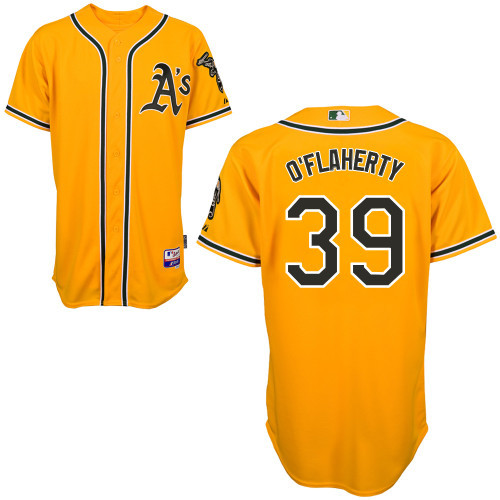 #39 Eric O'Flaherty Yellow MLB Jersey-Oakland Athletics Stitched Cool Base Baseball Jersey