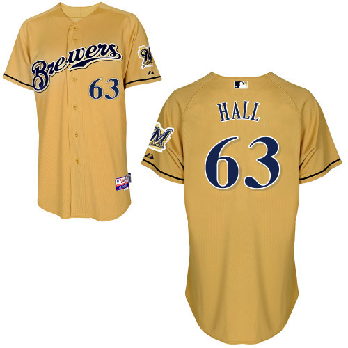 #63 Brooks Hall Gold MLB Jersey-Milwaukee Brewers Stitched Cool Base Baseball Jersey