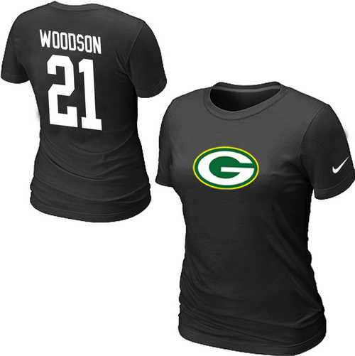 Womens Nike Green Bay Packers #21 WOODSON Name x26 Number Black T-Shirt