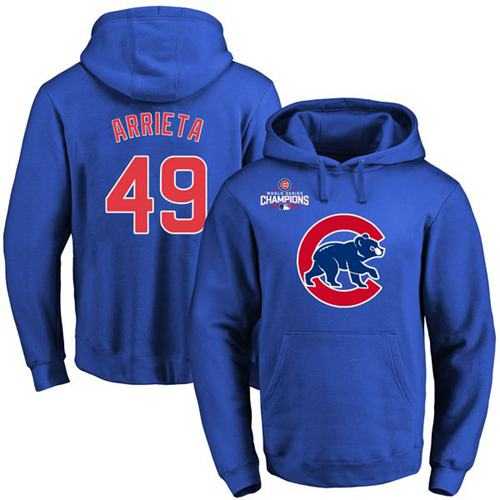 Glued Chicago Cubs #49 Jake Arrieta Blue 2016 World Series Champions Primary Logo Pullover MLB Hoodie