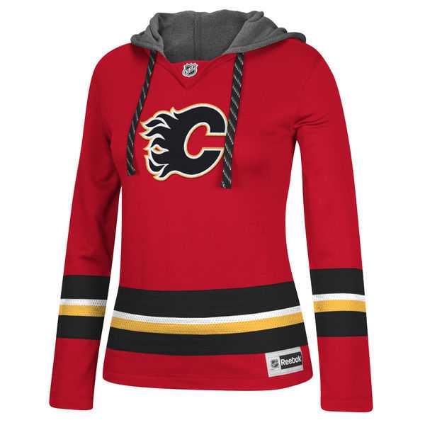 Women Calgary Flames Blank (No Name & Number) Red Stitched NHL Pullover Hoodie WanKe