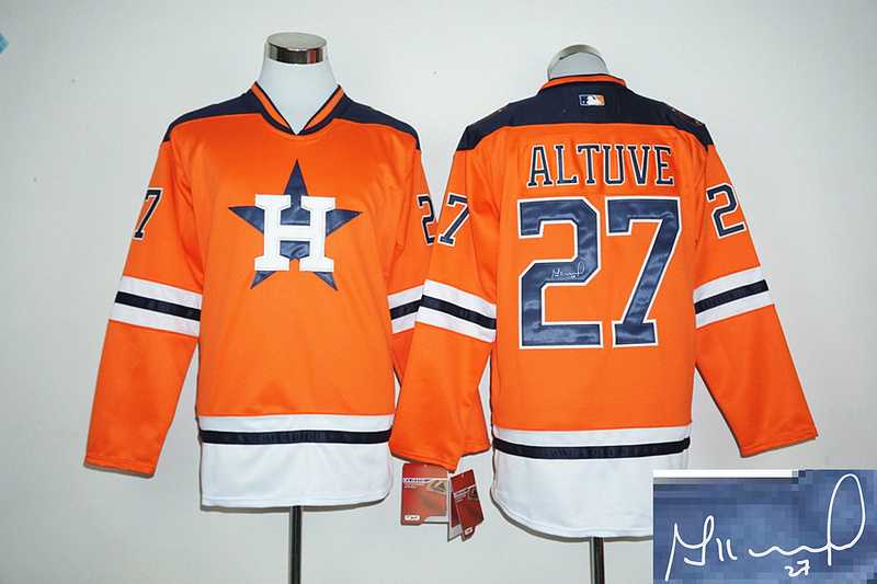 Houston Astros #27 Jose Altuve Orange Long Sleeve Stitched Signature Edition Jersey