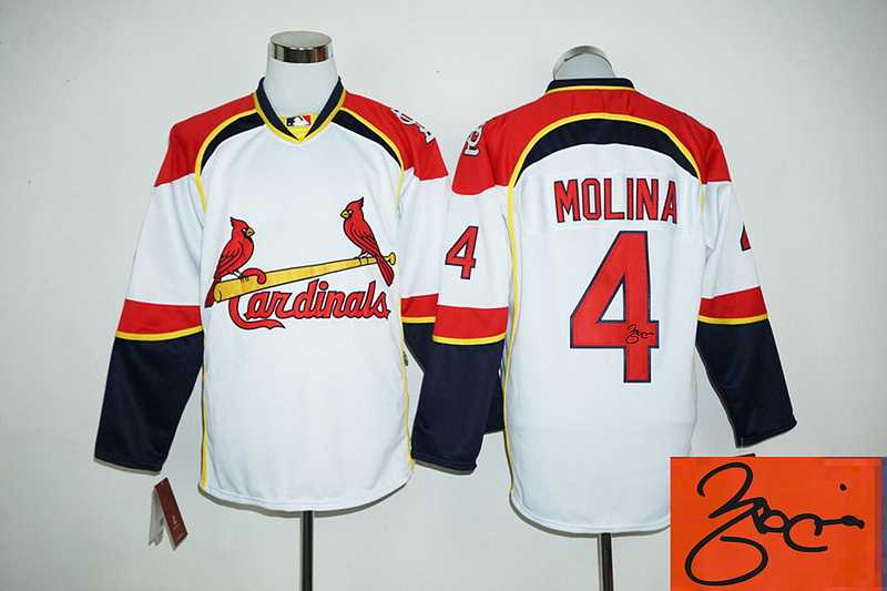 St. Louis Cardinals #4 Yadier Molina White Long Sleeve Stitched Signature Edition Jersey