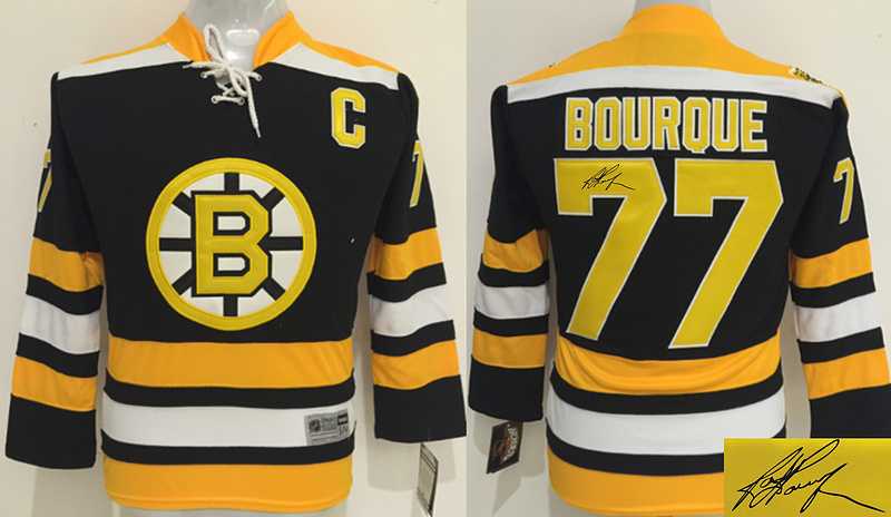 Youth Boston Bruins #77 Ray Bourque Black Yellow CCM Throwback Stitched Signature Edition Jersey