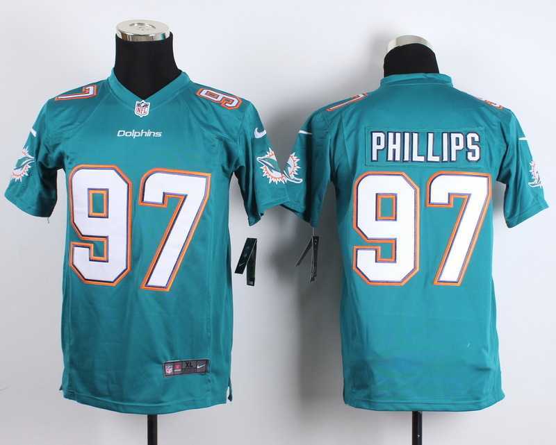 Glued Youth Nike Miami Dolphins #97 Phillips Green Team Color Game Jersey WEM