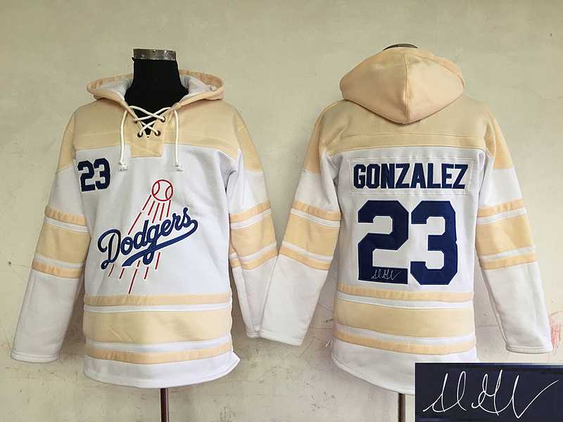 Los Angeles Dodgers #23 Adrian Gonzalez Cream Sawyer Hooded Sweatshirt Stitched Signature Edition Hoodie