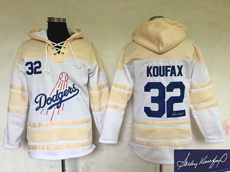 Los Angeles Dodgers #32 Sandy Koufax Cream Sawyer Hooded Sweatshirt Stitched Signature Edition Hoodie