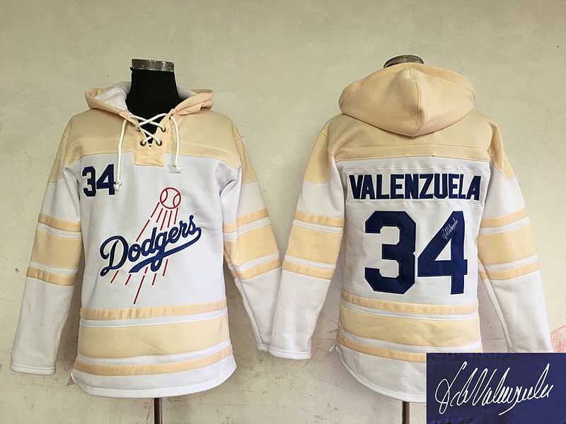 Los Angeles Dodgers #34 Fernando Valenzuela Cream Sawyer Hooded Sweatshirt Stitched Signature Edition Hoodie