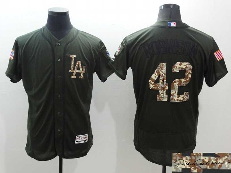 Los Angeles Dodgers #42 Jackie Robinson Green Salute To Service Flexbase Collection Stitched Signature Edition Jersey