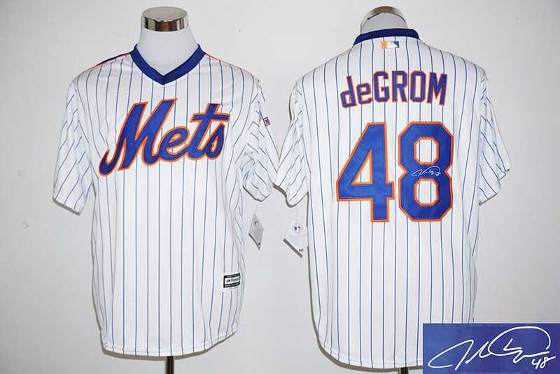 New York Mets #48 Jacob DeGrom Mitchell and Ness 25TH Patch White (Blue Strip) New Cool Base Stitched Signature Edition Jersey