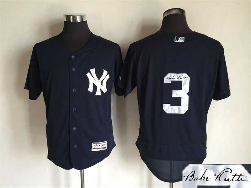 New York Yankees #3 Babe Ruth Navy Blue (No Name) Flexbase Collection Stitched Signature Edition Jersey