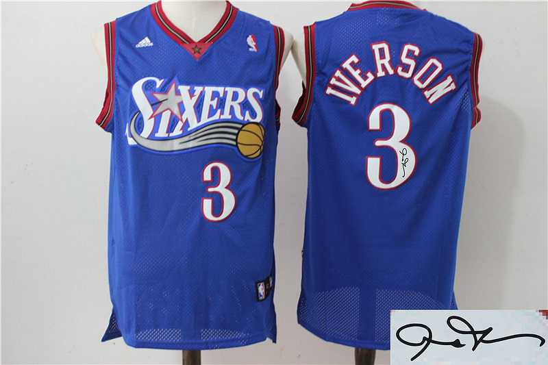Philadelphia 76ers #3 Allen Iverson Blue Swingman Throwback Stitched NBA Signature Edition Jersey
