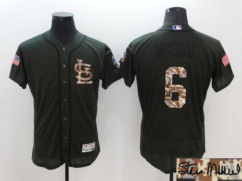 St. Louis Cardinals #6 Stan Musial Green Salute To Service Flexbase Collection Stitched Signature Edition Jersey