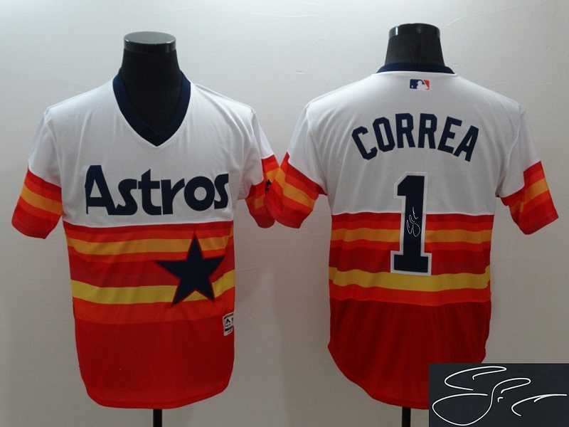 Houston Astros #1 Carlos Correa Mitchell And Ness 1980 White Orange Flexbase Collection Stitched Signature Edition Jersey