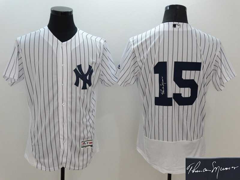 New York Yankees #15 Thurman Munson White Strip Flexbase Collection Stitched Signature Edition Jersey
