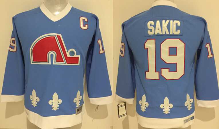 Youth Quebec Nordiques #19 Sakic Light Blue CCM Throwback Stitched NHL Jersey