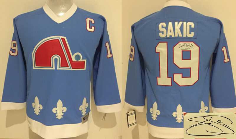 Youth Quebec Nordiques #19 Sakic Light Blue CCM Throwback Stitched Signature Edition Jersey