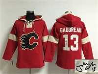 Calgary Flames #13 Johnny Gaudreau Red Solid Color Stitched Signature Edition Hoodie