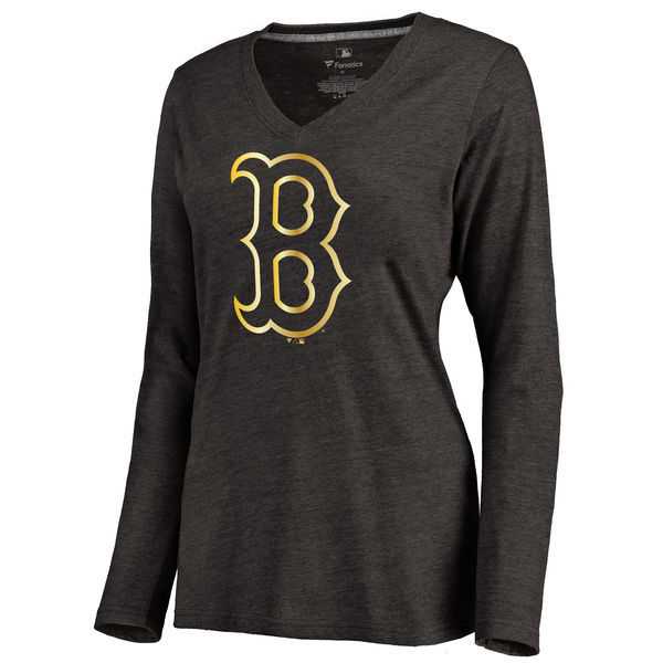Women Boston Red Sox Gold Collection Long Sleeve Tri-Blend T-Shirt LanTian - Black