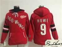 Women Detroit Red Wings #9 Gordie Howe Red Old Time Hockey Stitched Signature Edition Hoodie