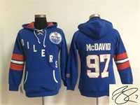 Women Edmonton Oilers #97 Connor McDavid Blue Old Time Hockey Stitched Signature Edition Hoodie
