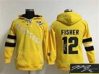 Women Nashville Predators #12 Mike Fisher Yellow Old Time Hockey Stitched Signature Edition Hoodie