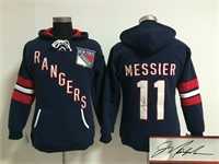Women New York Rangers #11 Mark Messier Blue Old Time Hockey Stitched Signature Edition Hoodie