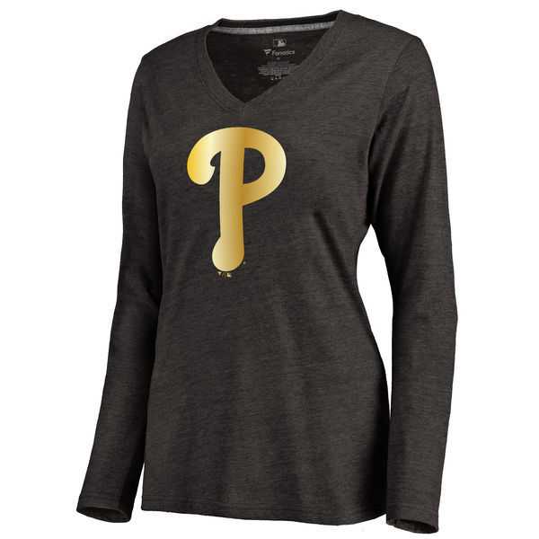 Women Philadelphia Phillies Gold Collection Long Sleeve Tri-Blend T-Shirt LanTian - Black