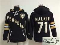 Women Pittsburgh Penguins #71 Evgeni Malkin Black Old Time Hockey Stitched Signature Edition Hoodie