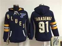 Women St. Louis Blues #91 Vladimir Tarasenko Blue Old Time Hockey Stitched Signature Edition Hoodie