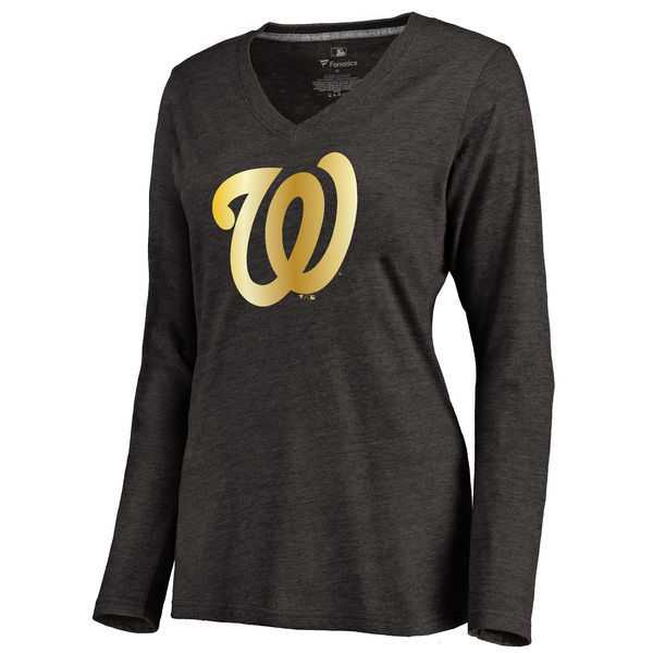 Women Washington Nationals Gold Collection Long Sleeve Tri-Blend T-Shirt LanTian - Black