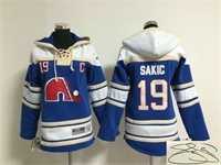 Youth Quebec Nordiques #19 Joe Sakic Blue Stitched Signature Edition Hoodie