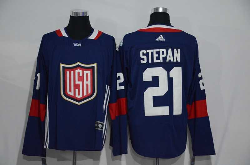 Team USA #21 Derek Stepan 2016 World Cup of Hockey Olympics Game Navy Blue Men's Stitched NHL Jersey