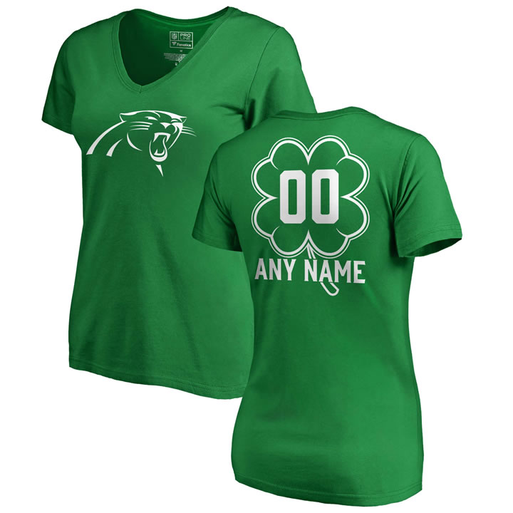 Customized Women's Carolina Panthers NFL Pro Line by Fanatics Branded Kelly Green St. Patrick's Day Personalized Name & Number Slim Fit V Neck T-Shirt