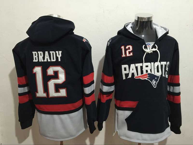 New England Patriots #12 Tom Brady Navy Blue All Stitched Hooded Sweatshirt