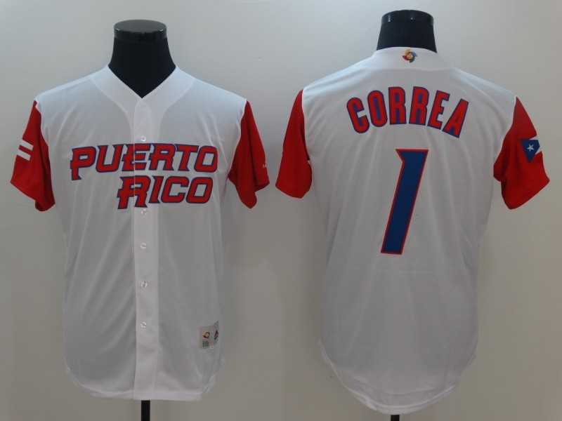 Men's Puerto Rico Baseball #1 Carlos Correa White 2017 World Baseball Classic Stitched Jersey