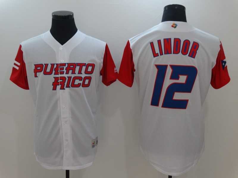 Men's Puerto Rico Baseball #12 Francisco Lindor White 2017 World Baseball Classic Stitched Jersey