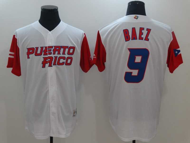 Men's Puerto Rico Baseball #9 Javier Baez White 2017 World Baseball Classic Stitched Jersey