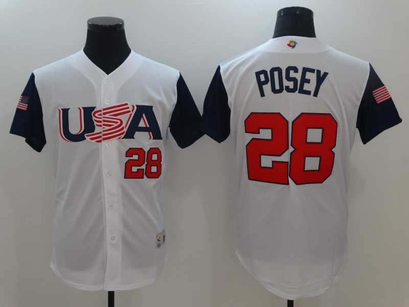 Men's USA Baseball #28 Buster Posey White 2017 World Baseball Classic Stitched Jersey
