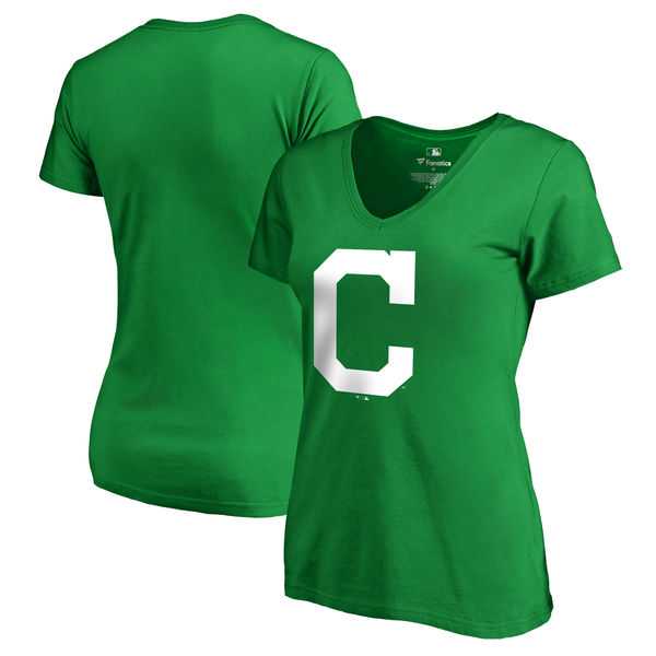 Women Cleveland Indians Fanatics Branded Kelly Green Plus Size St. Patrick's Day White Logo V Neck T-Shirt