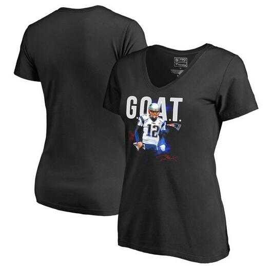 Women New England Patriots Tom Brady Pro Line by Fanatics Branded GOAT Slim Fit V Neck T-Shirt Black FengYun